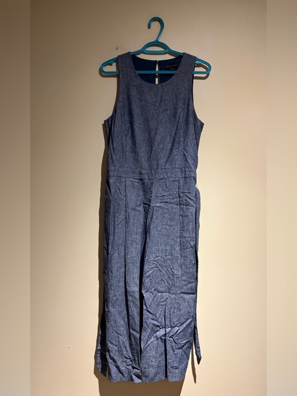 Banana Republic Women 10 Jumpsuit Blue Grey Linen Pants Cropped Pockets Wide Leg
